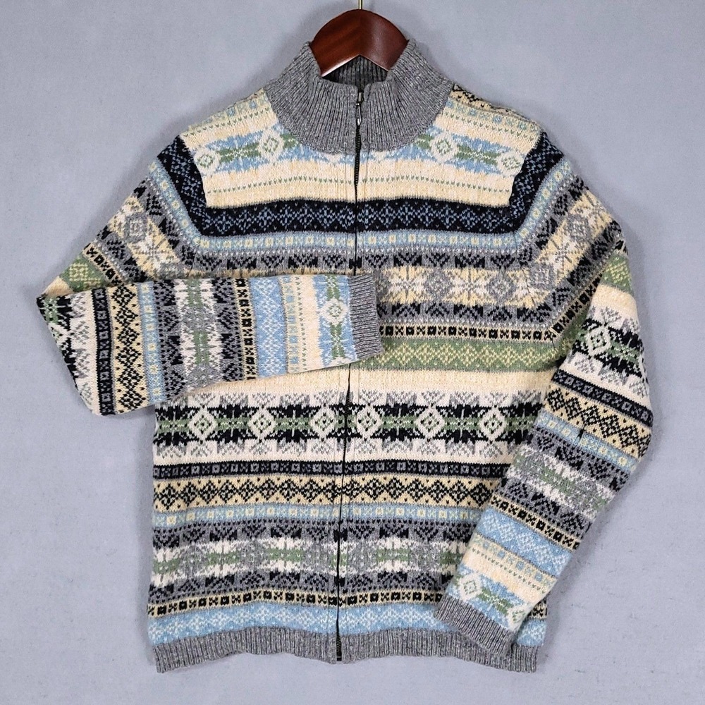 Eddie Bauer Cardigan Women M Grey Fair Isle Reg Lambswool AKA Full Zip Vintage